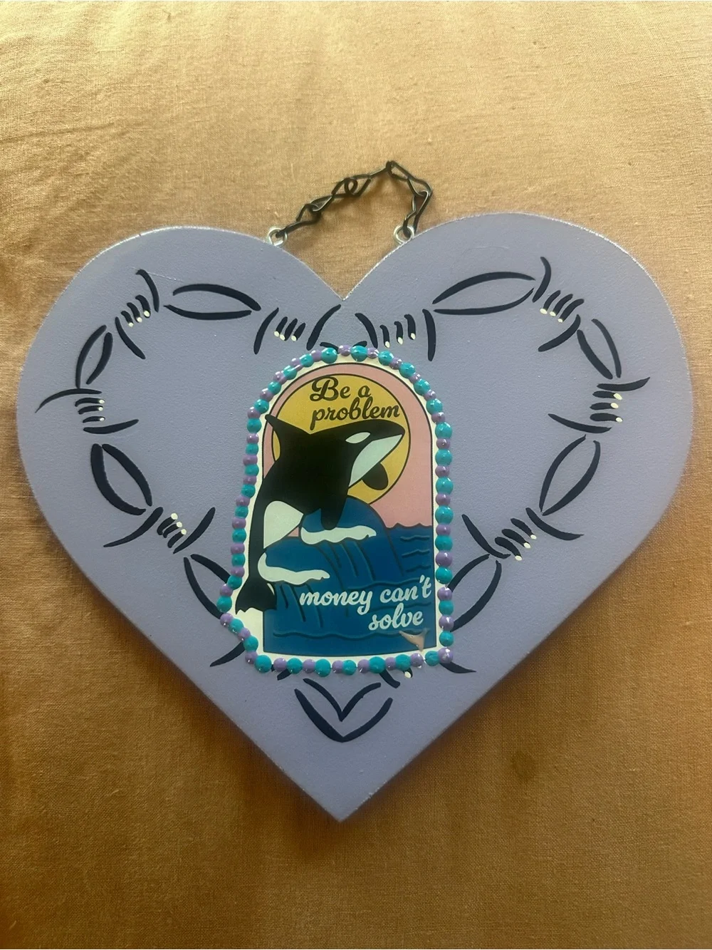 Lavender Heart Wall Plaque with Whale Graphic and painted Barb wire